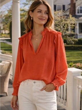 J.Crew Ruffle Trim V-neck Popover Spring Shirt Clip Dot in Coral Pink Size: XXS